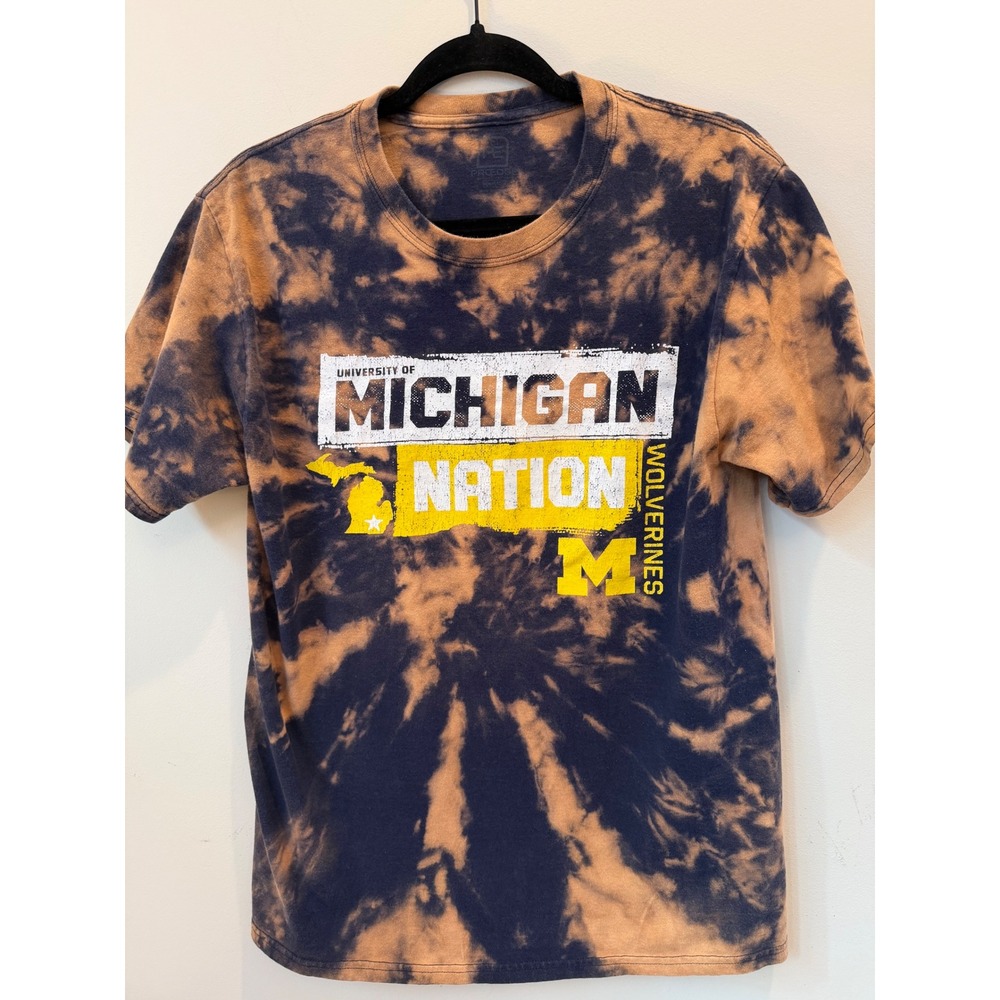 Michigan Nation Bleach Dyed Graphic T-Shirt Navy Gold Size M